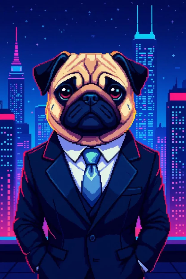Pixel-art pug in a sharp suit, standing in front of a neon city skyline at night
